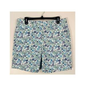 Lands' End Bermuda Shorts Women 10 Blue Green Paisley Chino Coastal Preppy